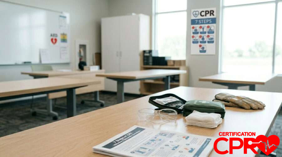 CPR training setup with manikins and instructional materials in Austin.