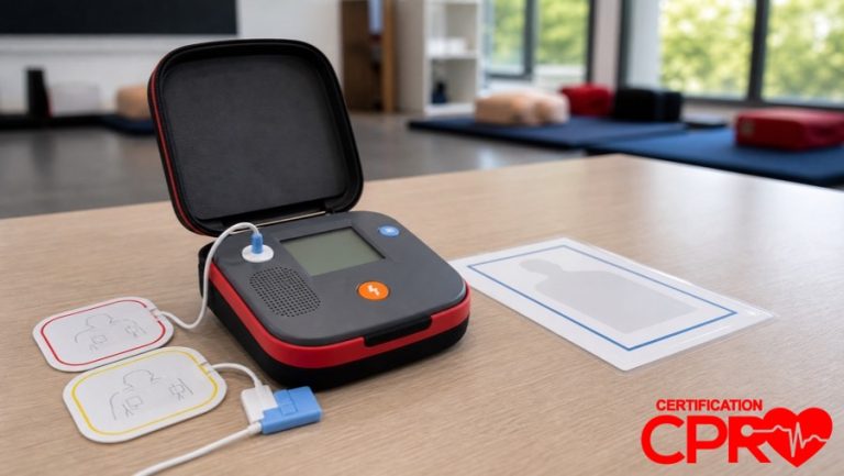 AED trainer and electrode pads for practicing voice prompts in a CPR classroom in Austin.