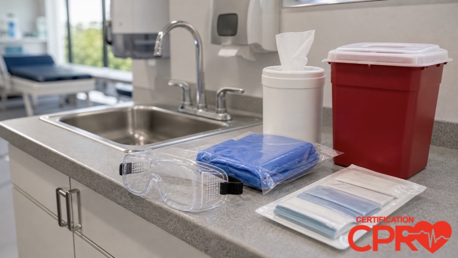 Bloodborne pathogens exposure control supplies for healthcare worker training in Austin.