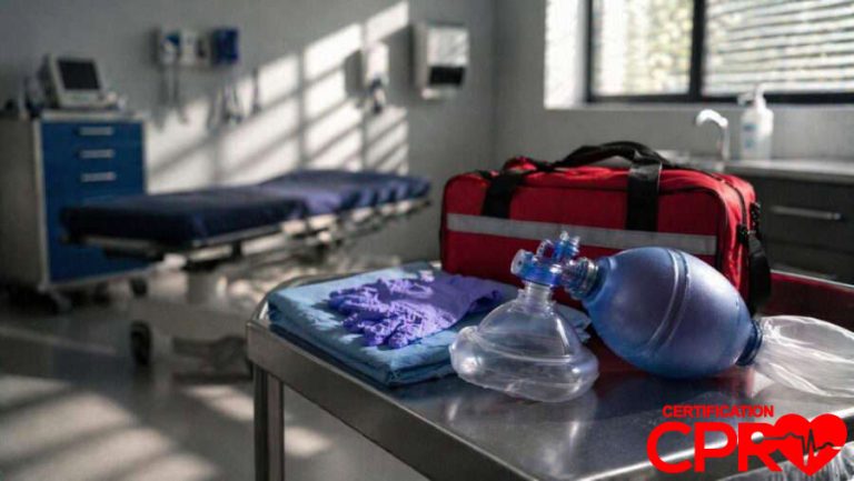 CPR training equipment in a medical classroom setting in Austin.