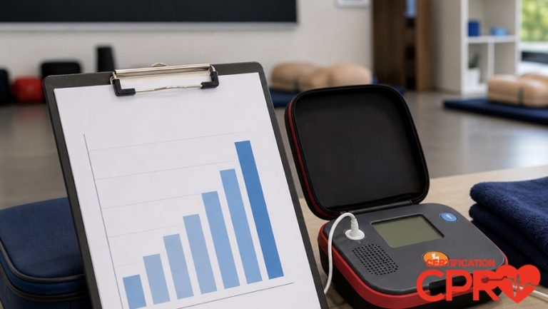 CPR statistics chart with AED trainer in a CPR classroom in Austin.