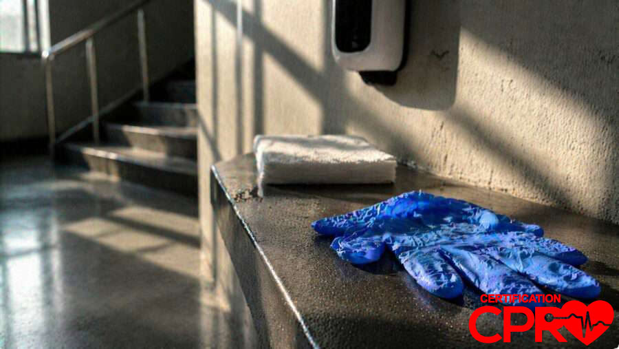 CPR training gloves and mask on a training station in Austin.