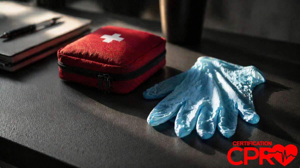 First aid kit and gloves for CPR certification and training in Austin.