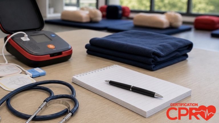 AED trainer, stethoscope, and CPR classroom supplies for an article on heart attack versus cardiac arrest in Austin.