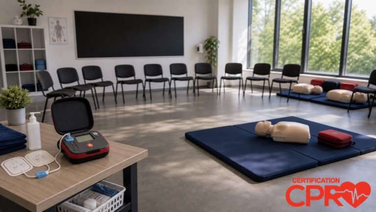 CPR classroom setup for practicing emergency response skills in Austin.
