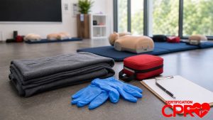 First aid training supplies for practicing seizure response in a CPR classroom in Austin.