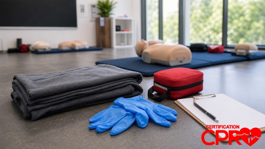 First aid training supplies for practicing seizure response in a CPR classroom in Austin.