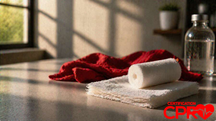 CPR certification training supplies in Austin, including a roll of gauze and first aid essentials.