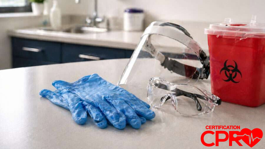 CPR training supplies including gloves, goggles, and biohazard container in Austin.