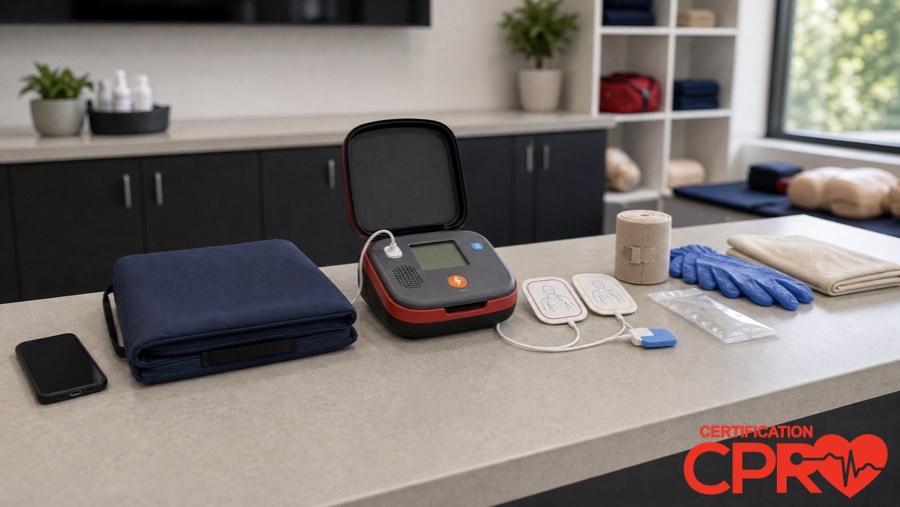 AED trainer and CPR classroom supplies for learning the Chain of Survival in Austin.